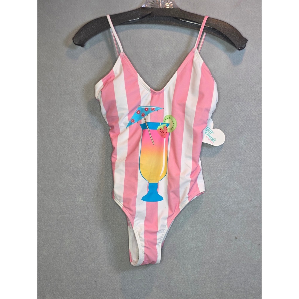 Sugar Coast by Lolli Swim Pink White Striped Cocktail Graphic One Piece XS